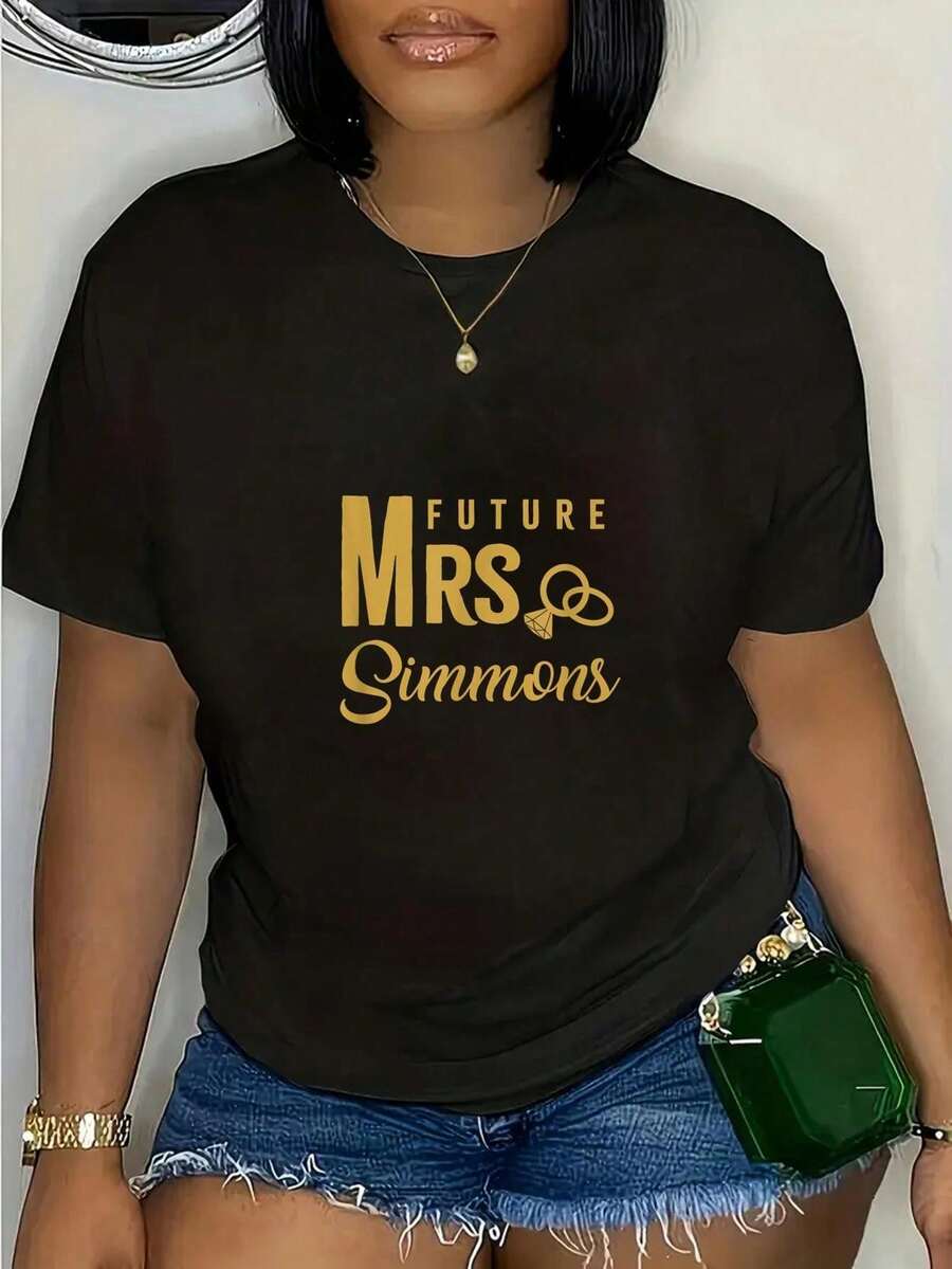 Matching Engagement Gift For Women Bride Future Mrs  T-Shirt Round Neck Short Sleeve T-Shirt Women's Men's Graphic Tee Casual Tops - Black - View 1