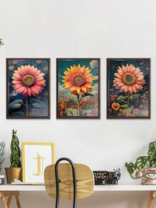 1/3Pcs, Optional Frame, High Quality Print Painting, Modern Style, Sunflowers, Flowers, Illustrations, Colorful, Flower Lovers, Wall Art Poster, Home Decoration, Suitable For Living Room, Sofa, Bed, Hallway, Bedroom, Bathroom, Office, Perfect Art Gift, PVC Rigid Pipe Packaging,Wall Art With Frame - Multicolor - View 3