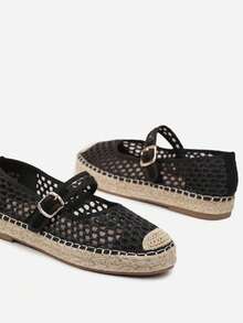 Mesh Espadrilles On Braided Sole With Buckle - Black - View 4