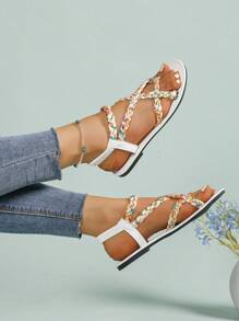 Women's Flat Sandals, White Round Toe Woven Strap Fashion Sandals, Roman Style Elastic Band Comfortable Slip-On Sandals, Suitable For Vacation, Travel, Shopping, Dating, Beach