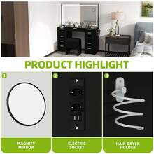 Dressing Table With LED Lights,Glass Top Bedroom Vanity Table With Large Mirror And Stool,Vanity Desk With 11 Drawers,White - Black - View 5