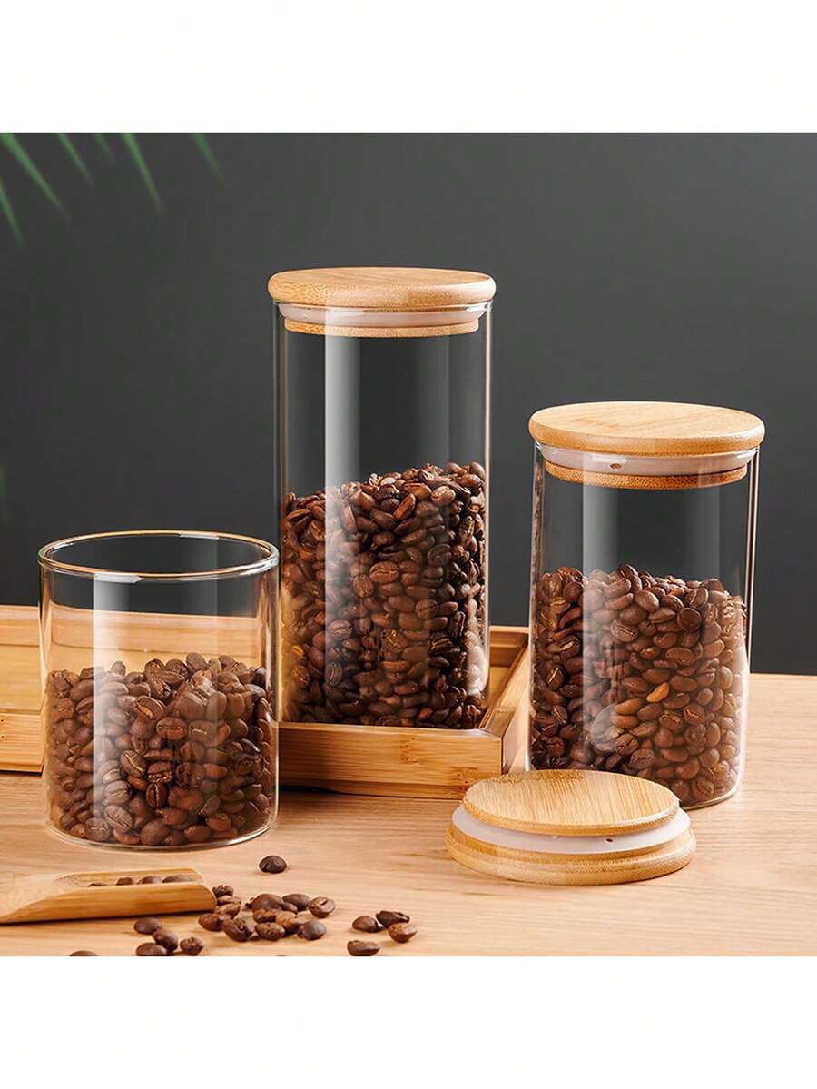 1pc High Borosilicate Heat-Resistant Glass Airtight Canister, Transparent Round Glass Kitchen Food Storage Jar With Lid For Snacks, Dry Foods, Coffee Beans - 透明 - 查看 1