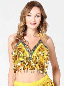 Women Glitter Sequins Circle Tassels Halter Neck Padded Belly Dance Crop Top - Multicolor - View 27