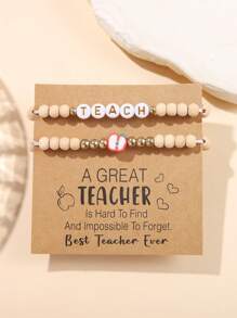 2pcs/Set Teacher's Day Bracelet Set, Fashion Soft Clay CCB Resin Wood Bead & Letter ''INSPIRE TEACH'' Bracelet, Suitable For Daily Wear And Gifting