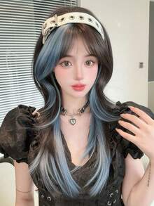 XIXISNOW Synthetic Hairpieces Wavy Layered Wigs With Bangs Blue High 24inch For Beginners Daily Party Use Young - Blue Highlight - View 2