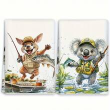 2pcs Kitchen Towel Set With Kangaroo And Opossum Pattern, Ideal For Fishing Enthusiasts. These Decorative Polyester Tea Towels Are 16X24 Inches In Size. - Multicolor - View 1
