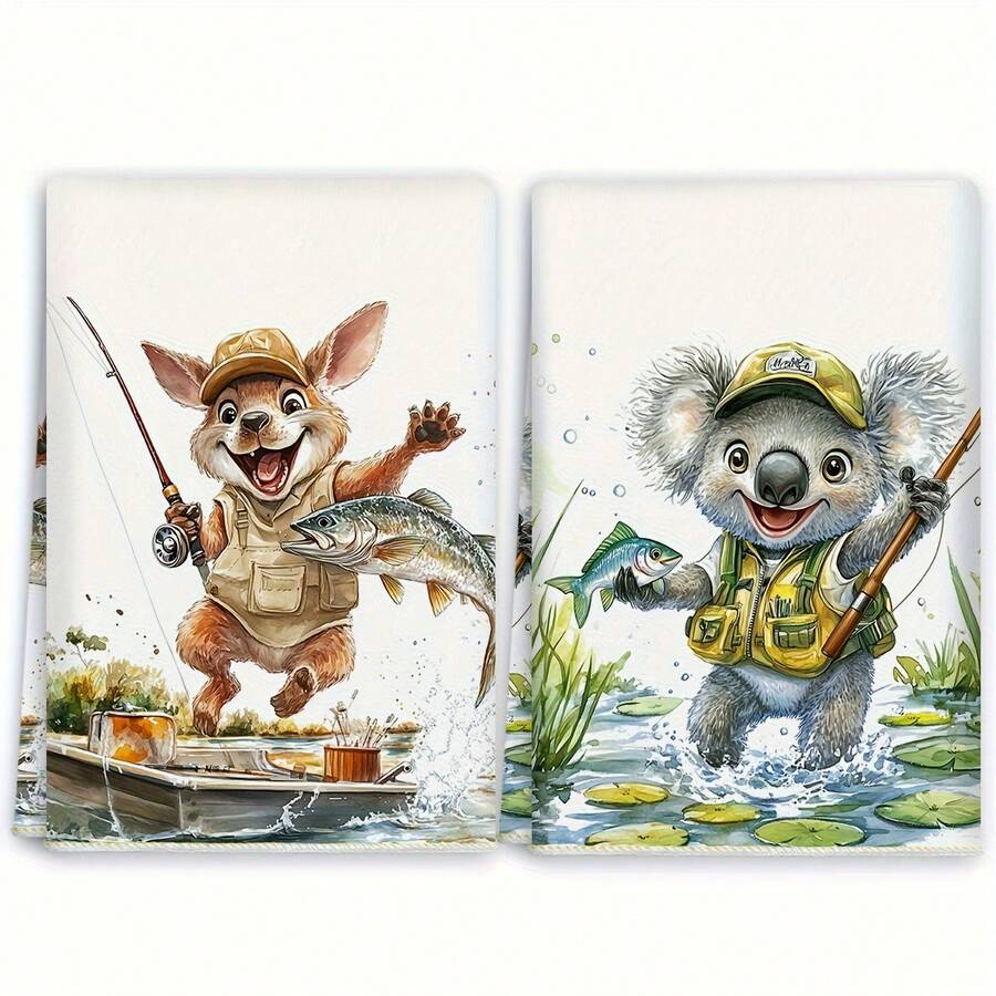 2pcs Kitchen Towel Set With Kangaroo And Opossum Pattern, Ideal For Fishing Enthusiasts. These Decorative Polyester Tea Towels Are 16X24 Inches In Size. - Multicolor - View 1