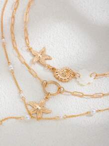 Juego de 3 collares tipo Y de estilo bohemio con colgantes de estrellas de mar y conchas marinas, perlas artificiales elegantes y vintage para mujer, decoración diaria y festiva