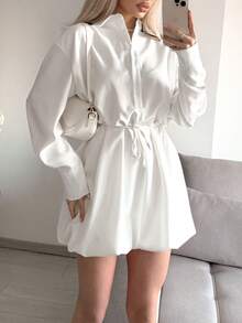 Floreya 简约纯色优雅休闲高品质 Polo 领衬衫裙，韩版风格，收腰设计，长袖，半身裙，适合春夏穿着 白色 - 白色 - 查看 6