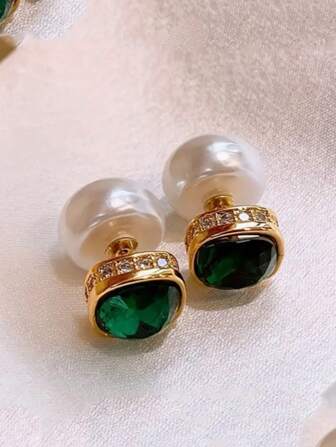 1 Pair Emerald Green Faux Pearl Stud Earrings For Women, Versatile & Elegant