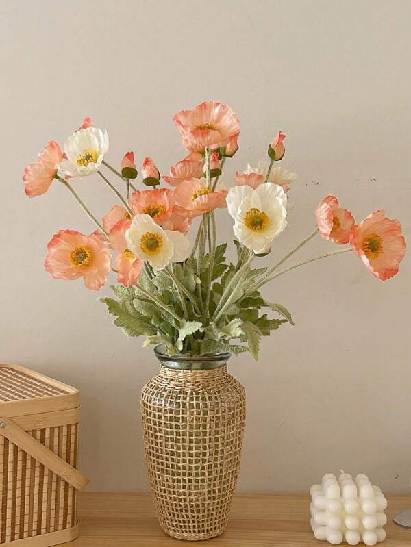 1PC Poppy Flower Simulation Flower Home Decoration Silk Flower Plush Pole Simulation Flower Ornament Hand-Held Flower Party Decoration Wedding Decoration Restaurant Table Simulation Flower Decoration Artificial Flower Branches Including Iron Wire Can Be Folded