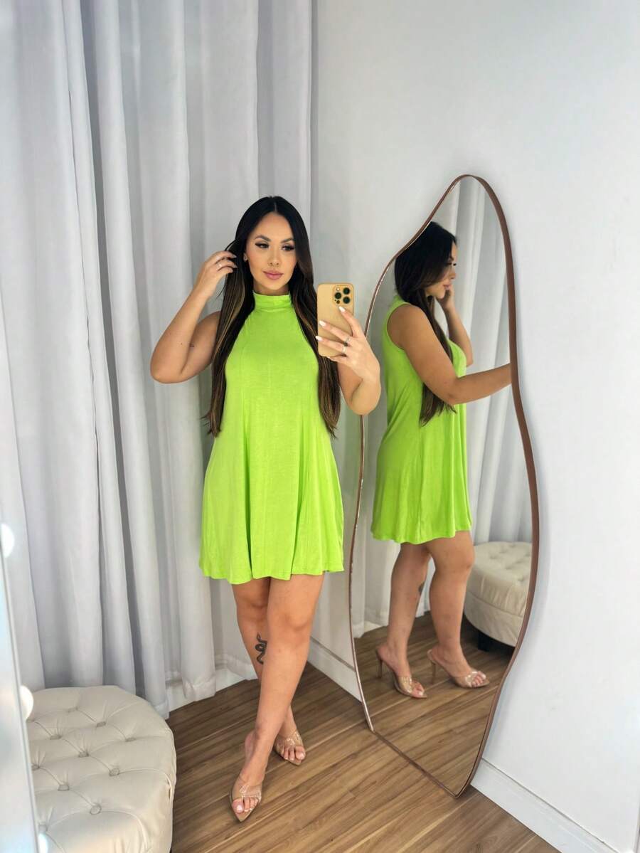 HIGH NECK LOOSE TANK TOP DRESS EVERYDAY FASHION ELEGANT - Lime Green - View 1