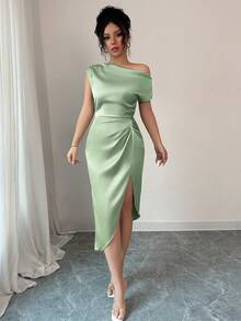 abyoxi 鼠尾草绿优雅不对称领口腰部手工褶皱缎面连衣裙，适合约会、生日派对、婚礼、返校舞会等场合，新款女装 - 綠色 - 查看 4