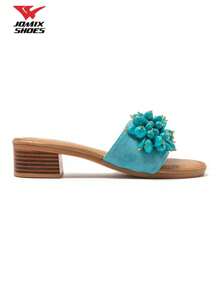 JOMIX Ciabatte con tacco basso da donna con sandali con tacco basso alla moda, in pelle con decorazioni in pietre preziose, lucide, alla moda, comode e leggere, adatte per l'abbinamento estivo.