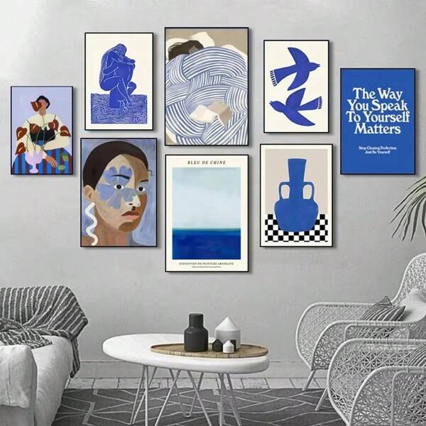 1pc/3PCS Wall Arts Posters Frameless /Framed Modern Abstract Blue Geometric Face Lines Canvas Painting Curve Girl Vase Wall Art Posters Print Picture Nordic Bedroom Home Decor
