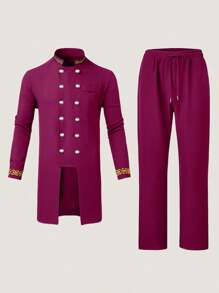 مجموعة بقطعتين لملابس الرجال: بليزر أسود ذو صدر مزدوج بطول كامل مع بنطال، مطرز بالذهبي، أكمام طويلة،ياقة عالية، بنطال ذو خصر مرن، ملابس أفريقية، قميص وبنطال كاجوال مجموعة قطعتين، جديد الموسم، مناسب للحفلات والمناسبات الرسمية والحفلات الزفاف والفعاليات الثقافية والمراسم التقليدية