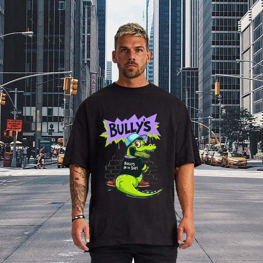 2025 Unisex Black Pure Cotton T - Shirt With "BULLY'S" Cartoon Crocodile Pattern Print - Black - View 1