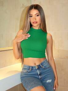 Top corto casual sin mangas para mujer, tejido de punto, cuello redondo, tela de poliéster y elastano, textura tipo canalé, apto para la temporada de verano, muy fresco y cómodo, ideal para el uso diario. - Verde - Ver 1