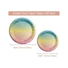 Round Disposable Paper Plates For All Occasions - 100 Pack - 50 X 9" And 50 X 7" Dinner Plates, Golden Foil Polka Dots , White And Gold Party Supplies - Rainbow - 查看 3