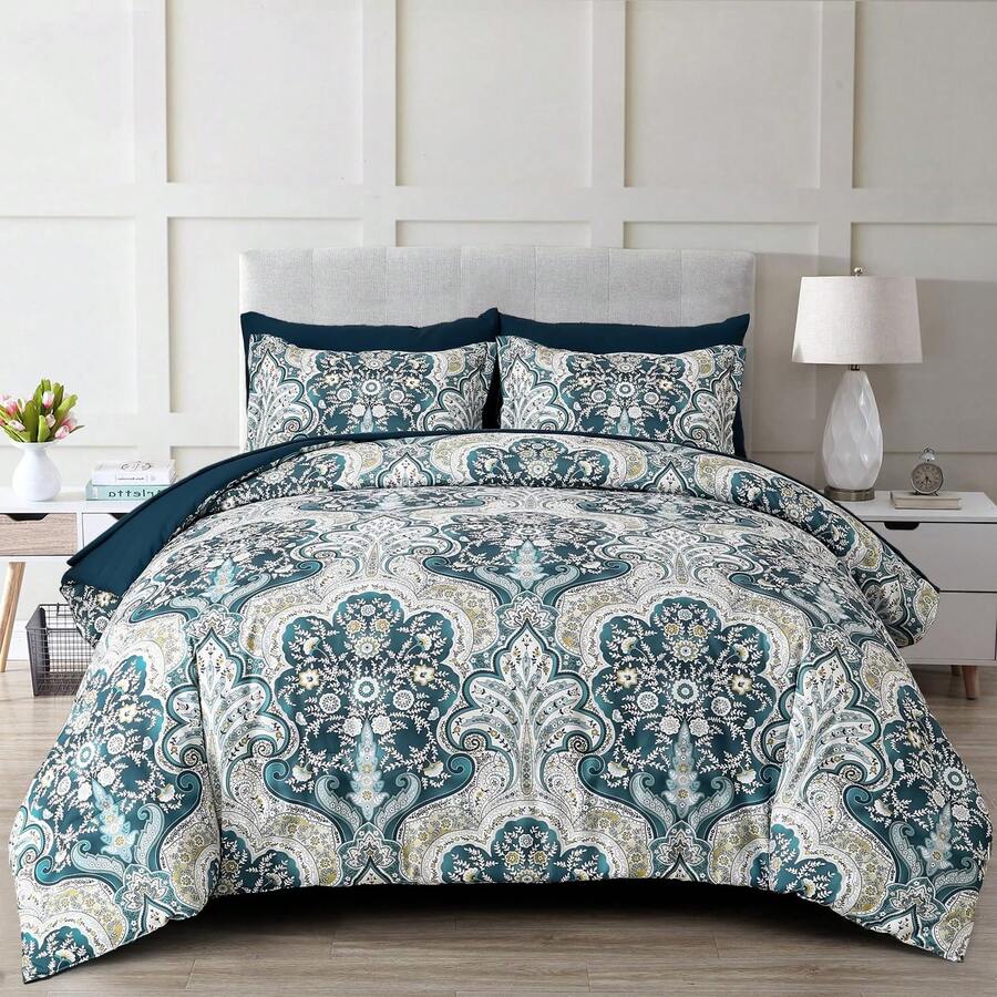 7 Pieces Paisley Comforter Set Queen King Bed In A Bag Comforter, Peacock Blue Boho Paisley Pattern Bedding Soft Microfiber Queen Size Comforter With Sheet & Pillowcase,Soft And Comfortable Summer Bedding Set Bed In A Bag For All Seasons, Includes Comforter, Flat Sheet, Fitted Sheet, Pillowcases, Ideal Gift. - Màu xanh của chim công - Xem 1