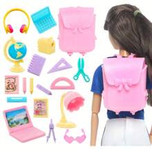 19 Pcs/Set Mini Doll House Accessories Dolls Learning Backpack Computer Lamp Ruler Earphone Toys, Suitable For 11.5 Inch/30cm Dolls, Early Educational