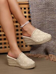 透气封闭式鞋头绳带厚底坡跟休闲一脚蹬女式凉鞋 - 米色 - 查看 5