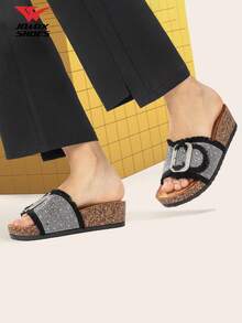 JOMIX Women's Thick Bottom Slope Heel Slippers With Insert Wedge Sandals Woven Upper Cork Shoe Bed With Adjustable Buckle Water Diamond Decoration Shining Fashion And Comfortable Bohemian Style Suitable For Summer Matching