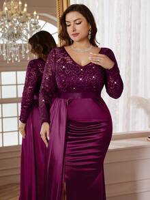 Plus V Neck Sequin Lace Contrast Draped Front Ruched Split Hem Satin Formal Party Long Dress, Wedding Guest Dress, For Graduation, Homecoming, Festivals - 紫紅色 - 查看 7