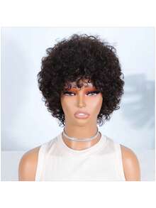 Human Hair Afro Wig Natural Brown Afro Kinky Curly Bob Wig For Women - Brazilian Remy Hair,Human Hair Pixie Cut Wigs For Black Women Easy Wear & Go, Shoulder-Length Style, Rose Net Cap, Perfect For Everyday Glamour - Kinky Curly Water Wave Pixie Glueless Wig For Women, Machine-Made Short Wigs With Rose Net Cap For Daily Use, Hair Wig Seamless Appearance, Breathable Material Suitable As Women's Gift - Multicolor - View 5