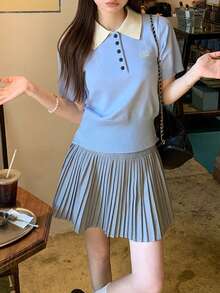 女士休闲学院风撞色翻领半开下摆短袖上衣，夏季 - 藍白色 - 查看 5