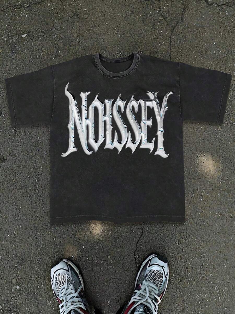 Noissey Street Style 230g Heavy Wash Batik Double-Sided Printing Short-Sleeved T-Shirt, Men's Crisp Short-Sleeved T-Shirt, Outdoor Sweatshirt, Vintage Wash, 100% Cotton, Everyday Wear - Black - View 1