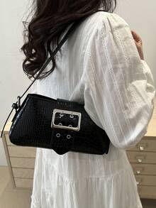 Versatile Luxury Crocodile Embossed Women's Shoulder Bag With Metallic Accent - Black - View 6
