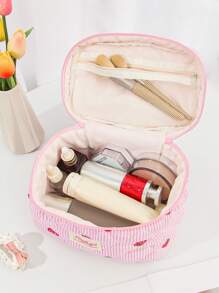 1 Piece Pink And White Color Matching Cosmetic Bag With Strawberry Pattern, Multifunctional Cosmetic Storage Bag Portable Cosmetic Brush Clutch With Zipper Closure, Ready For Lipstick, Brush, Skincare, Storage Box, Jewelry Storage Box, Lip Gloss Storage Box, Nail Polish Storage Box Cosmetic Bag, Holiday Essential Cosmetic Bag