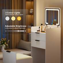 HNEBC Compact Vanity Desk With Plip Top LED Mirror,Small Dressing Table Set With Visible Glass Desktop,Vanity Table With 3 Drawers,Storage Compartment And Padded Stool,For Bedroom - White - View 6