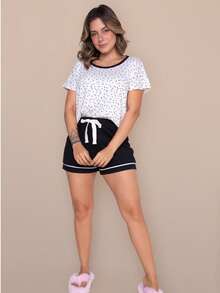 Women's Short Cotton Pajamas POA - Black and White - View 2