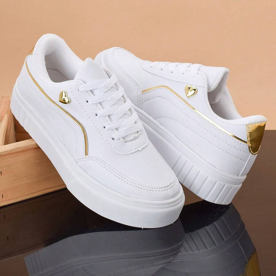Women's Casual Sneakers High Sole Heart Lace-Up Fashion Style - 金子 - 查看 1