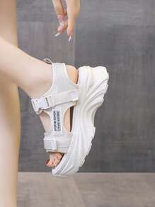 Women's Summer Wedge Thick-Sole Sport Sandals, Hook And Loop Strap Letter Pattern Casual Student Flat Sandals