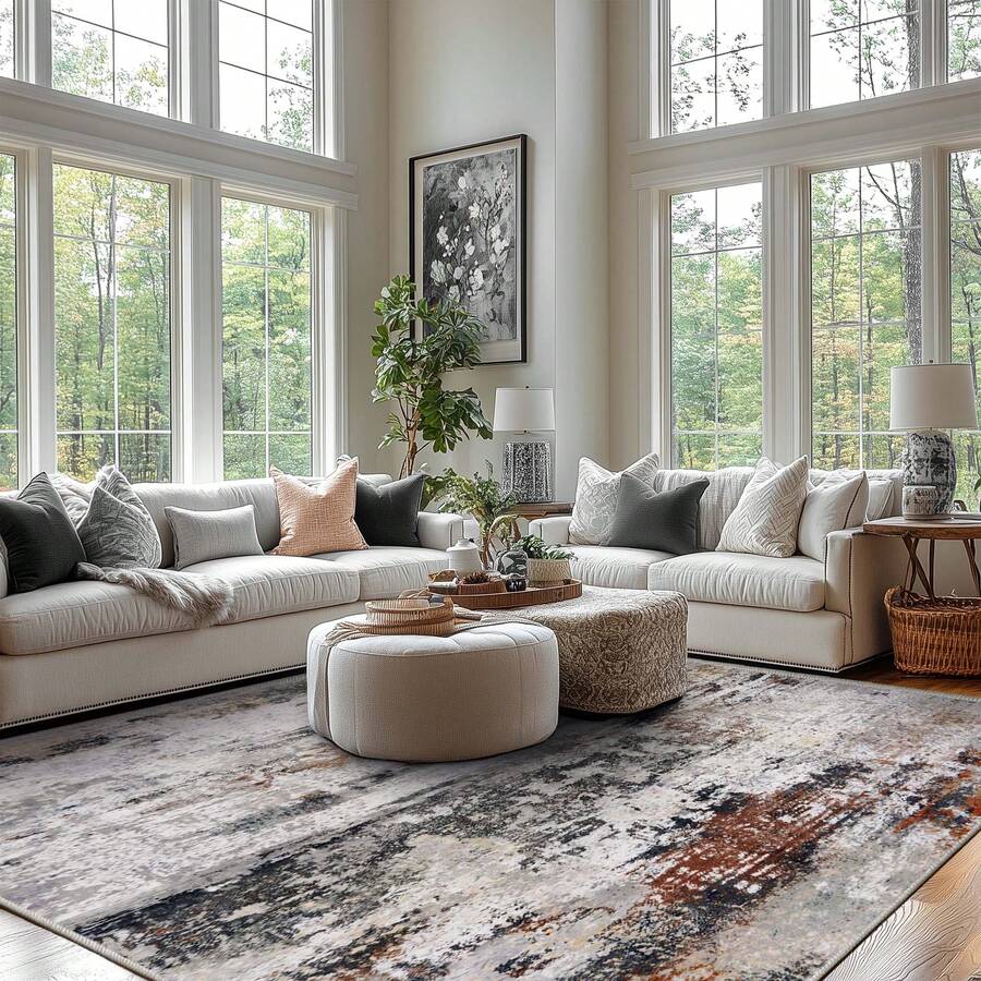 Soft Abstract Area Rug, Non Slip Washable Foldable Modern Rugs For Living Room Bedroom Dining Room Farmhouse Home Office - Rust - View 1