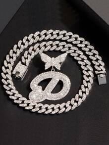 Silvery Women Necklaces - A-Z Initial Butterfly Pendant Necklace & Bracelet Set, Personalized Cuban Link Jewelry For Women, Rhombus Cuban Link Chain, Cursive Letter Jewelry Gift