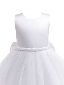 少女白色优雅仿珍珠蝴蝶结薄纱长裙，公主裙，花童婚礼礼服，晚礼服，生日派对，舞会，度假，复活节 - 白色 - 查看 9