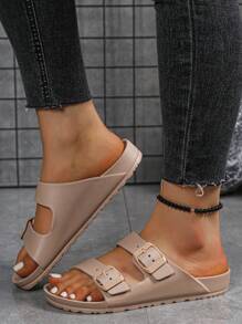 Sandali piatti alla moda da donna beige, con fibbie doppie regolabili in EVA leggeri, slip-on con cuscinetto morbido, antiscivolo e durevoli per uso all'aperto e in spiaggia