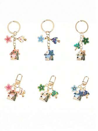 Woodland Country Style Cute Mushroom House Floral Keychain Bag Charm, Zinc Alloy Backpack For School