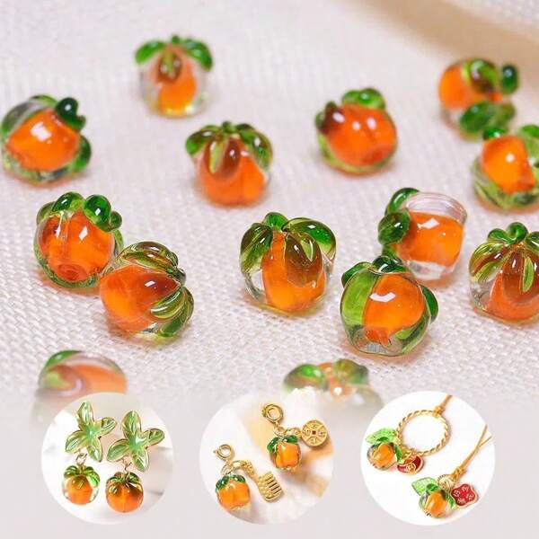 10/50 Pieces Vintage Persimmon Glass Beads For DIY Jewelry - Handmade Chinese Costume Accessories, Orange And Green Glaze Fruit Design, Ideal For Necklaces, Bracelets And Craft Projects