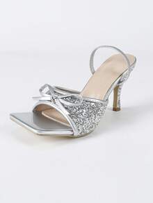 Women's Silver Square Toe Stiletto High Heel Sandals, Glossy Finish Versatile Comfortable Dress Shoes For Daily Wear, Party, Wedding, Elegant & Slimming - Silver - View 6