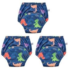 Paquete de 3 pantalones de entrenamiento para ir al baño reutilizables y lavables para niños y niñas pequeños, con patrones de animales lindos, ajuste regular, sin cintura, estiramiento medio, pantalones de pañal de entrenamiento para recién nacidos, material suave para lavar a máquina o a mano - un gran regalo para baby shower para varias ocasiones