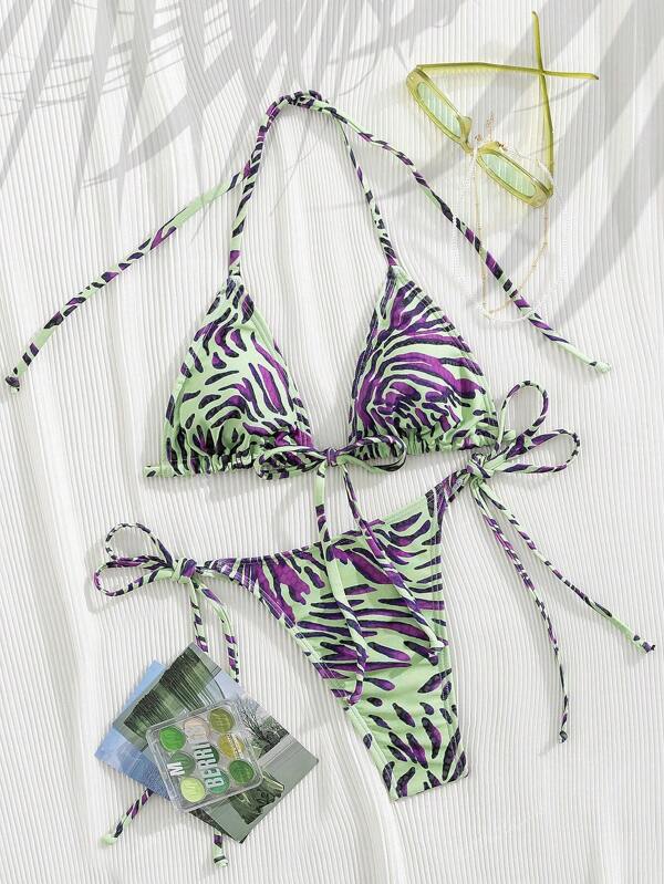 Conjunto de biquíni sexy de 3 peças estampado, férias na praia e verão