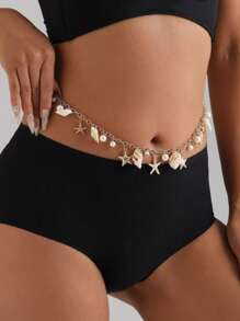 1 pieza Cadena de Body para mujer de playa, cadena de cintura con diseño de estrellas de mar y conchas de estilo oceánico, usar con bikini sexy