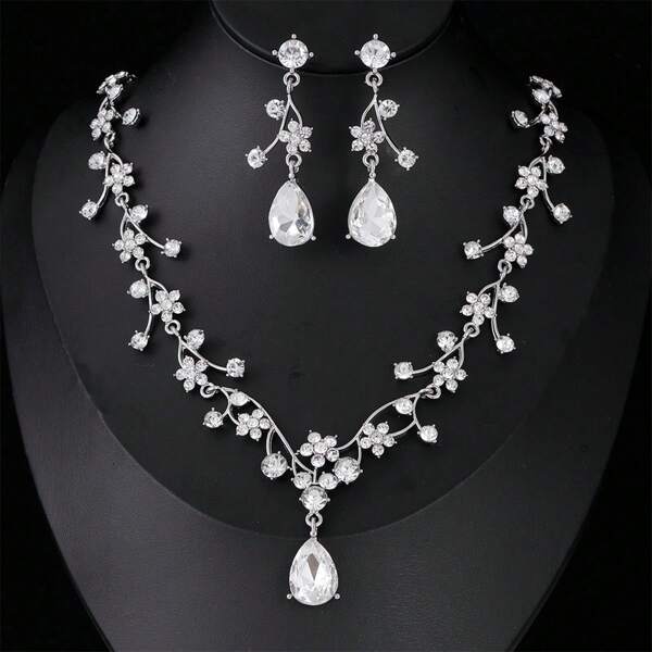 Conjunto de 3 piezas de collar de clavícula con flor retro y pendientes con incrustaciones de rhinestone, adecuado para novias, damas de honor, banquetes, bailes y accesorios de vestidos de noche