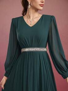 女士 V 领纯色褶皱腰水晶链装饰优雅连衣裙 - 墨綠色 - 查看 5