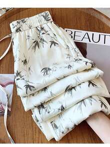 Damen Orientalischer Stil Tusche-Gemälde Bambus-Blatt Muster Seidige Slim-Fit Hose